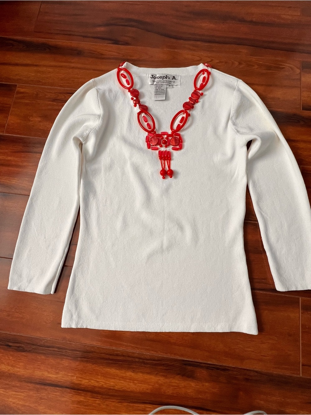 Joseph White Long-Sleeve Top with Red Necklace Detail